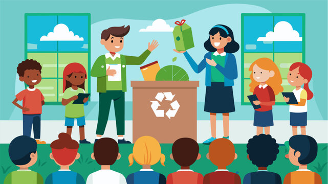 A school assembly where students showcase the creative artwork they have made using recycled materials encouraging others to get involved in the. Vector illustration