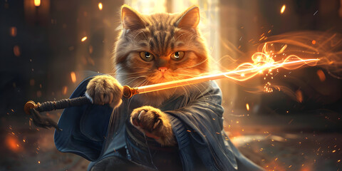 Cute Feline Warrior in Clothes with a Radiant Sword, Cat in Fashionable Attire and Luminescent Sword