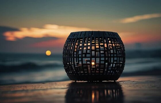 Wooden wicker basket with a candle inside on the beach at sunset, handcrafted wooden basket sunset beach sky sun clouds shores waves Generative AI