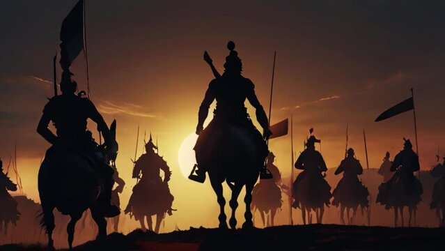 Silhouette of horsemen going to war on a desert during sunset, ancient warriors going for invasion, old school style of war on horses with swords Generative AI