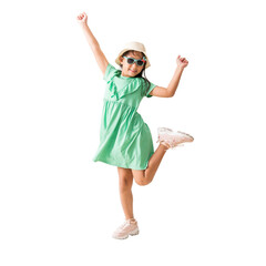 Happy smiling asian little girl and jumping, dancing were hat and sunglasses posing, Fashion summer holiday concept, Full body isolated on white background
