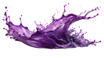 Electric Purple Splash – High Contrast: A striking purple liquid splash with high contrast and intricate details, isolated on a white transparent background.
