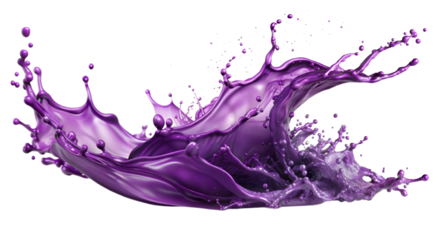 Electric Purple Splash – High Contrast: A striking purple liquid splash with high contrast and intricate details, isolated on a white transparent background.
