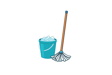 Washing bucket and mop. cleaning vector illustration isolated on white background