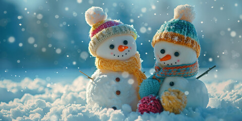Festive snowmen with colorful knitted hats and scarves in a snowy scene, surrounded by falling snowflakes and holiday decorations, creating a cheerful and joyful winter atmosphere.christmas holiday
