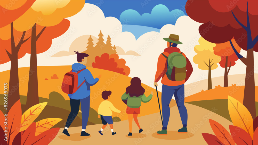 Poster a family taking a hike through the forest stopping to admire the vibrant colors of autumn leaves ins