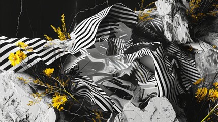 black and white striped abstraction, abomination, black leaves and yellow flowers, glitch aesthetic rainbow glaze, high angle view, soft light, clean background
