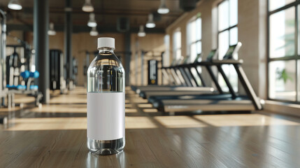 A clear plastic water bottle with a white label is sitting on the floor of a nearly empty gym with...