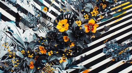 black and white striped abstraction, abomination, black leaves and yellow flowers, glitch aesthetic rainbow glaze, high angle view, soft light, clean background