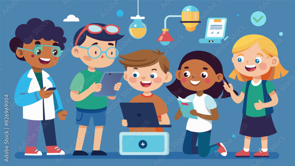 Poster a group of children chat excitedly as they virtually explore a science museum and conduct their own 