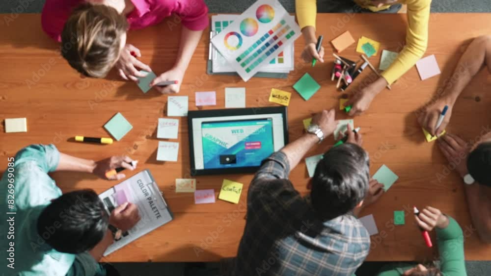 Poster top view of skilled business people working together to design web design. aerial view of designer b