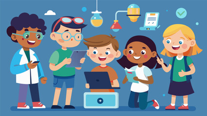 A group of children chat excitedly as they virtually explore a science museum and conduct their own interactive experiments through their devices.. Vector illustration