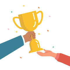 Hand holding a gold cup. Symbol of victory, winning championships. First place prize winning, competition winner concept.