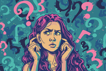 Questioning Young Woman Surrounded by Doubt, Uncertain Female Character Illustration

