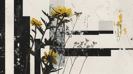 black and white striped abstraction, abomination, black leaves and yellow flowers, glitch aesthetic rainbow glaze, high angle view, soft light, clean background