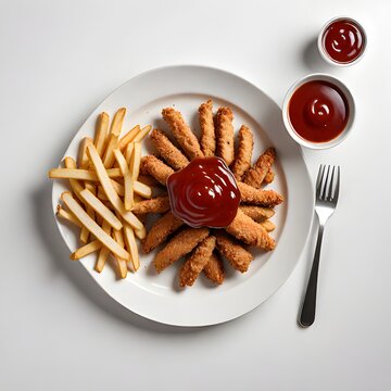 Chicken nuggets with french fries and ketchup with frok on white background
