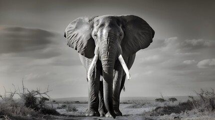 Naklejka premium Majestic Elephant Stands Alone in Vast African Savanna Landscape