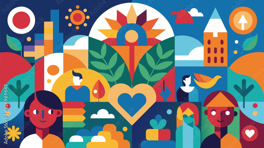 Poster a mural that uses abstract shapes and colors to represent the diversity and inclusivity of the commu
