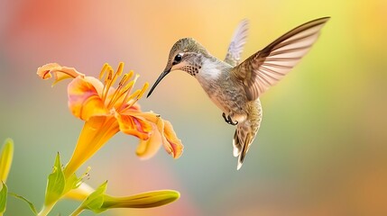Fototapeta premium Snap a picture of a hummingbird hovering near a flower, its wings a blur of motion as it feeds on nectar