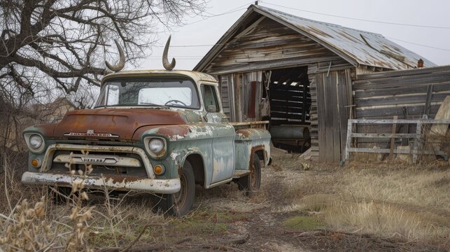 An old pickup truck covered in dust and adorned with cow horns parked in front of a weathered wooden barn.