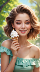 Close-Up Half-Portrait of a Young Woman in a Polka-Dot Dress and Wide-Brimmed Hat Enjoying a Colorful Ice Cream Cone Topped with Sprinkles on a Sunny Day, in a Bright Park, Generative AI.