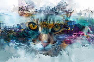 double exposure cat with colorful watercolor 