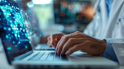A doctor working on a laptop with a futuristic digital interface overlay, symbolizing advanced medical technology and data analysis.