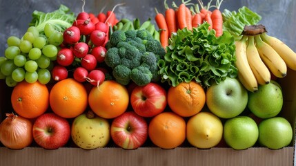 A box brimming with various fruits & veggies stacked on top