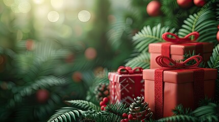 A Christmas backdrop featuring gift boxes set against a lush green background