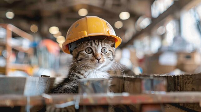 A feline adorned with a protective work helmet can be observed at a construction site, surrounded by an array of building materials. This amusing portrayal combines the themes of cats, construction, s