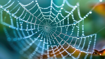 Naklejka premium Dew kissed spiderweb glistens in morning light