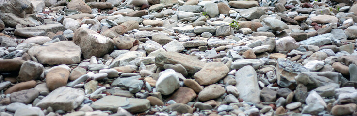 Multi-colored pebbles close-up. Stones of different sizes lie chaotically on the shore, side view. Pebbles on the shore on a sunny summer day.
