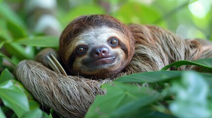 Fototapeta premium A sloth leisurely relaxing amidst a vibrant tropical rainforest