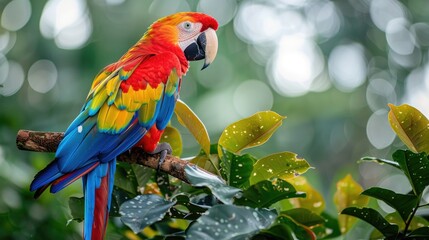 Obraz premium A vibrant parrot is sitting on a branch of a tropical tree