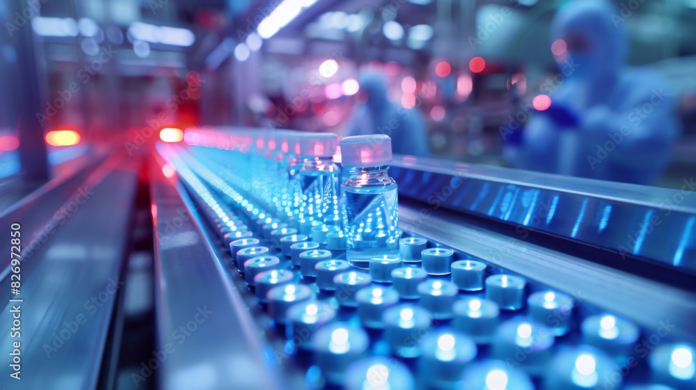 Poster high-tech assembly line with vaccine vials being processed under controlled conditions in a sterile 