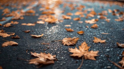 Fallen leaves of brown color on the road
