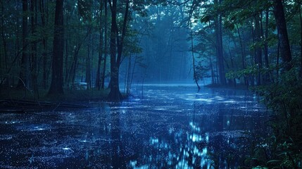 Enchanted night in a moonlit starry swamp forest