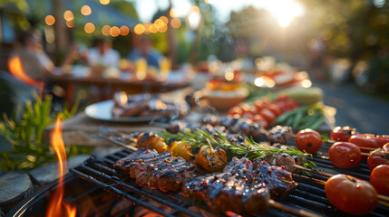 Grilled meat and vegetables on a barbecue at an outdoor party, with people enjoying food and socializing in the background.