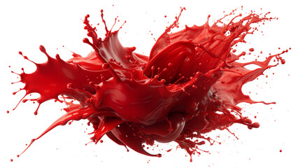 Fiery Red Splash – Dramatic Burst: An intense red liquid splash effect bursting outward, perfect for bold and dramatic designs, isolated on a white background.
