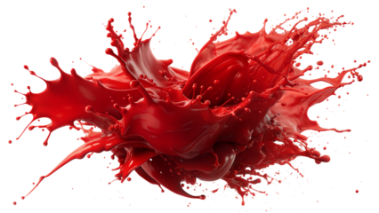 Fiery Red Splash – Dramatic Burst: An intense red liquid splash effect bursting outward, perfect for bold and dramatic designs, isolated on a white background.
