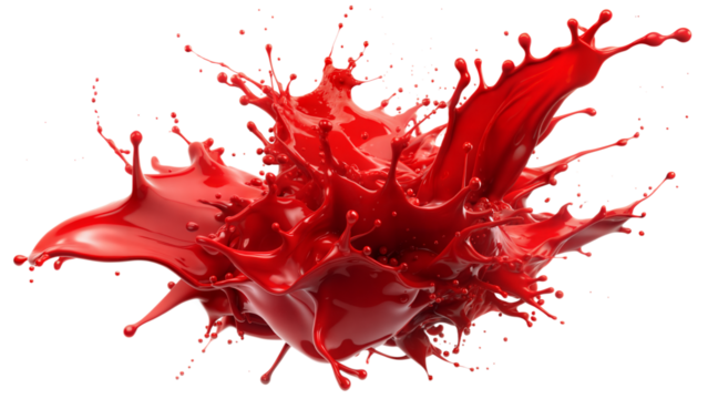 Fiery Red Splash – Dramatic Burst: An intense red liquid splash effect bursting outward, perfect for bold and dramatic designs, isolated on a white background.
