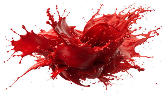 Fiery Red Splash – Dramatic Burst: An intense red liquid splash effect bursting outward, perfect for bold and dramatic designs, isolated on a white background.
