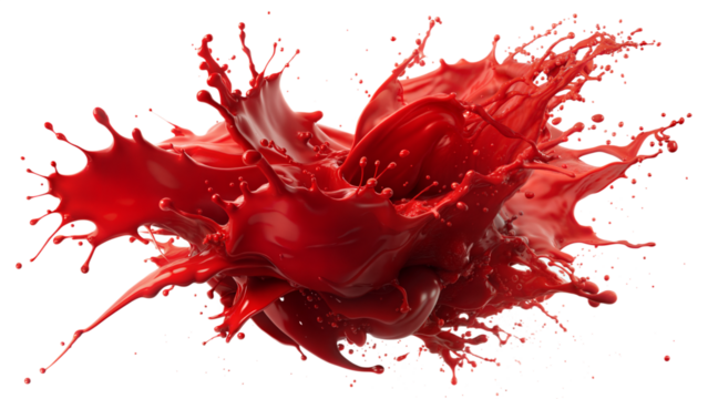 Fiery Red Splash – Dramatic Burst: An intense red liquid splash effect bursting outward, perfect for bold and dramatic designs, isolated on a white background.
