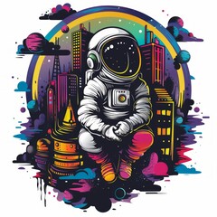 Vector T-Shirt Design Playful Astronaut in Cityscape, Ai Generated Images