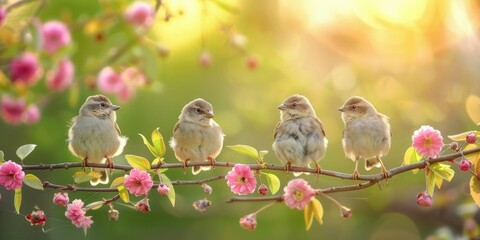 Four birds on a blossom branch at golden hour