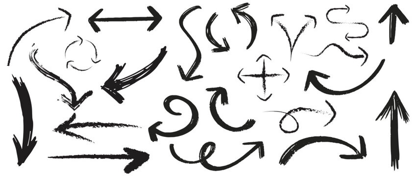 grunge arrow . Set of black hand drawn grunge doodle spiral and curved charcoal, chalk arrows on white background. Scribble symbols of direction pointers, swirl arrow elements for infographic design.