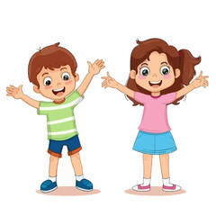 Little boy and girl stand holding their hands up and smiling together. Vector illustration. Isolated on white background