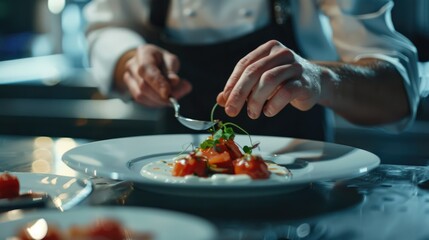 A chef plating a gourmet dish in a fine dining restaurant, adding the final touches.