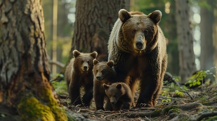 Snap a shot of a mother bear guiding her cubs through a forest, the family's bond and the mother's protective nature evident in their interactions