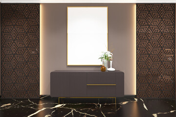 3d render of foyer with laser cut panel, credenza, armchairs and frame mock up. Black marble floor, beige wall, white ceiling. Set 1